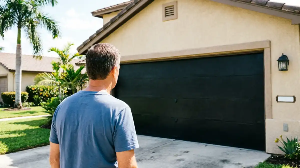 A man in a blue shirt stands facing a closed black garage door.