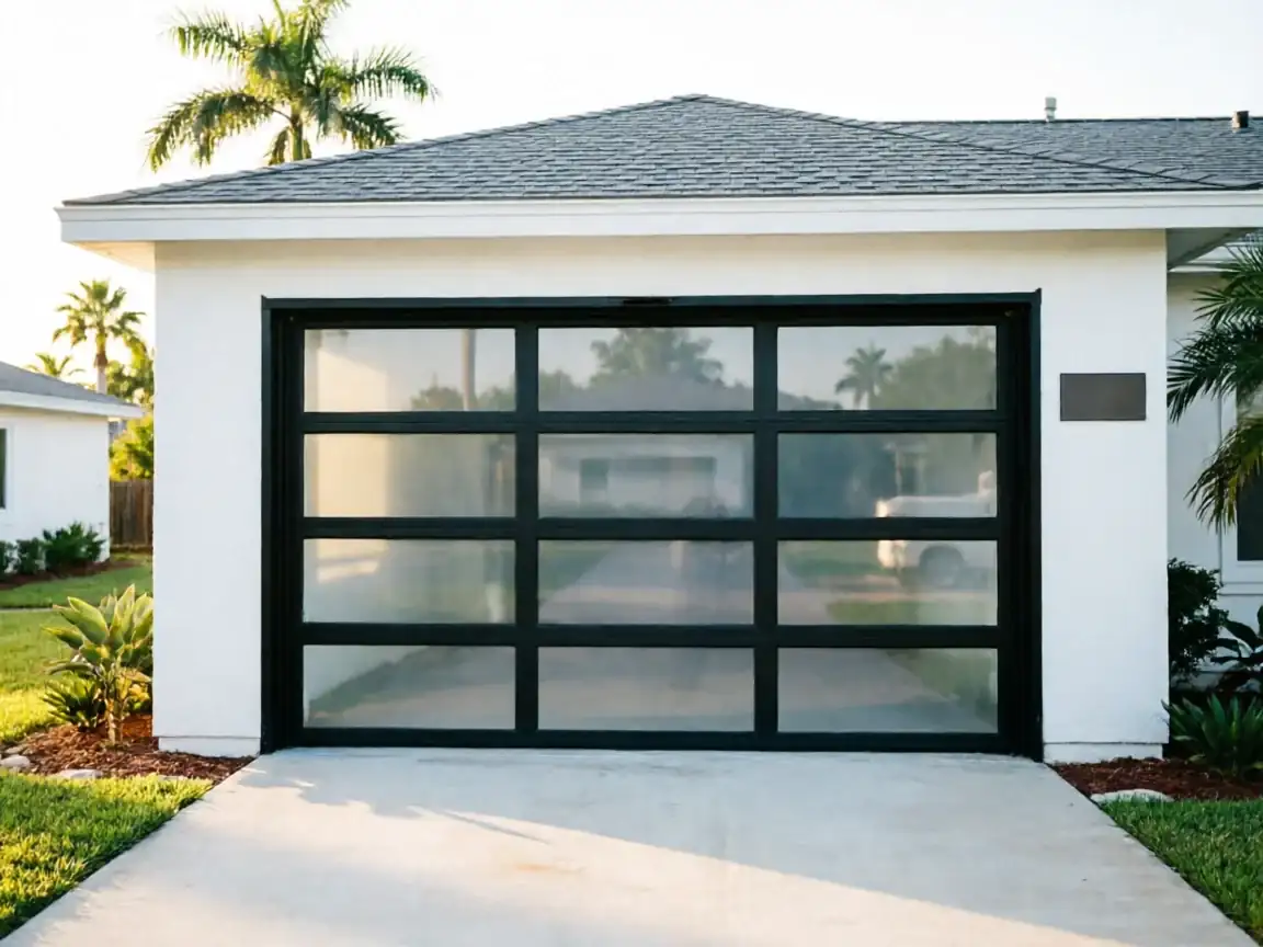 The modern black-framed glass garage door is on a white house with a gray roof.