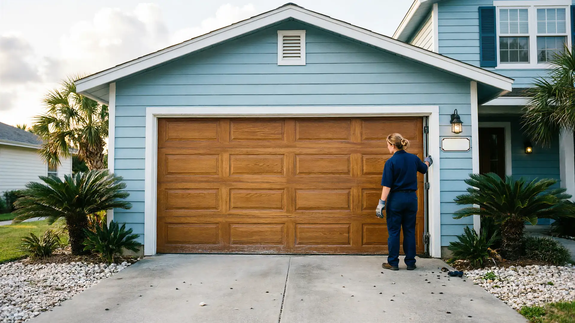 A technician in a blue uniform stands facing a closed brown garage door.