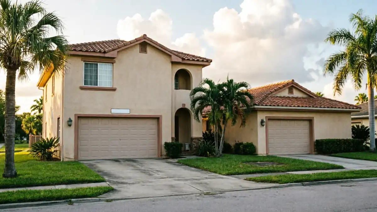 A two-story house with two garage doors and palm trees stands under a cloudy sky.