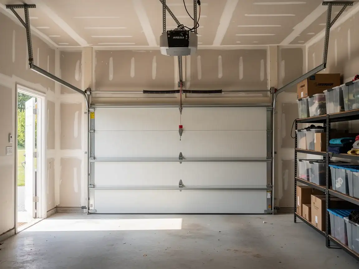A white garage door is closed inside a garage with unfinished drywall.