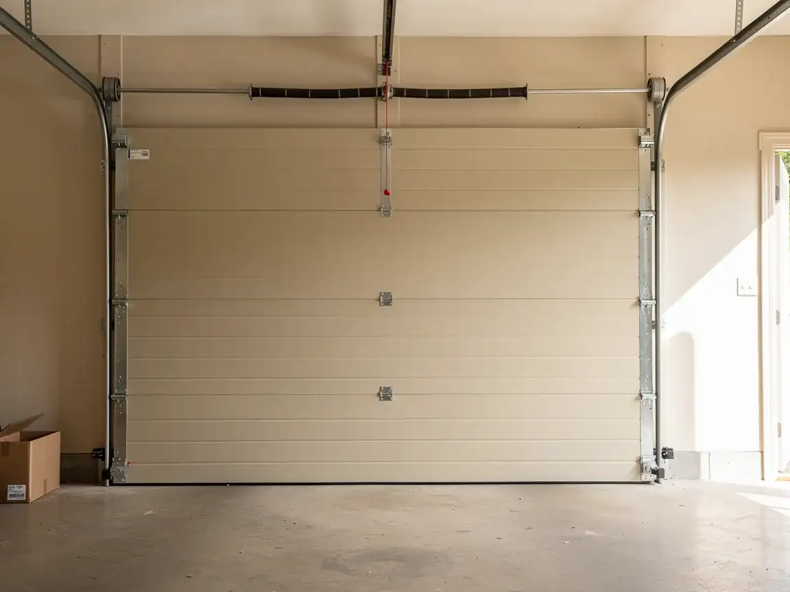 The beige garage door is closed, showing its torsion spring and tracks.