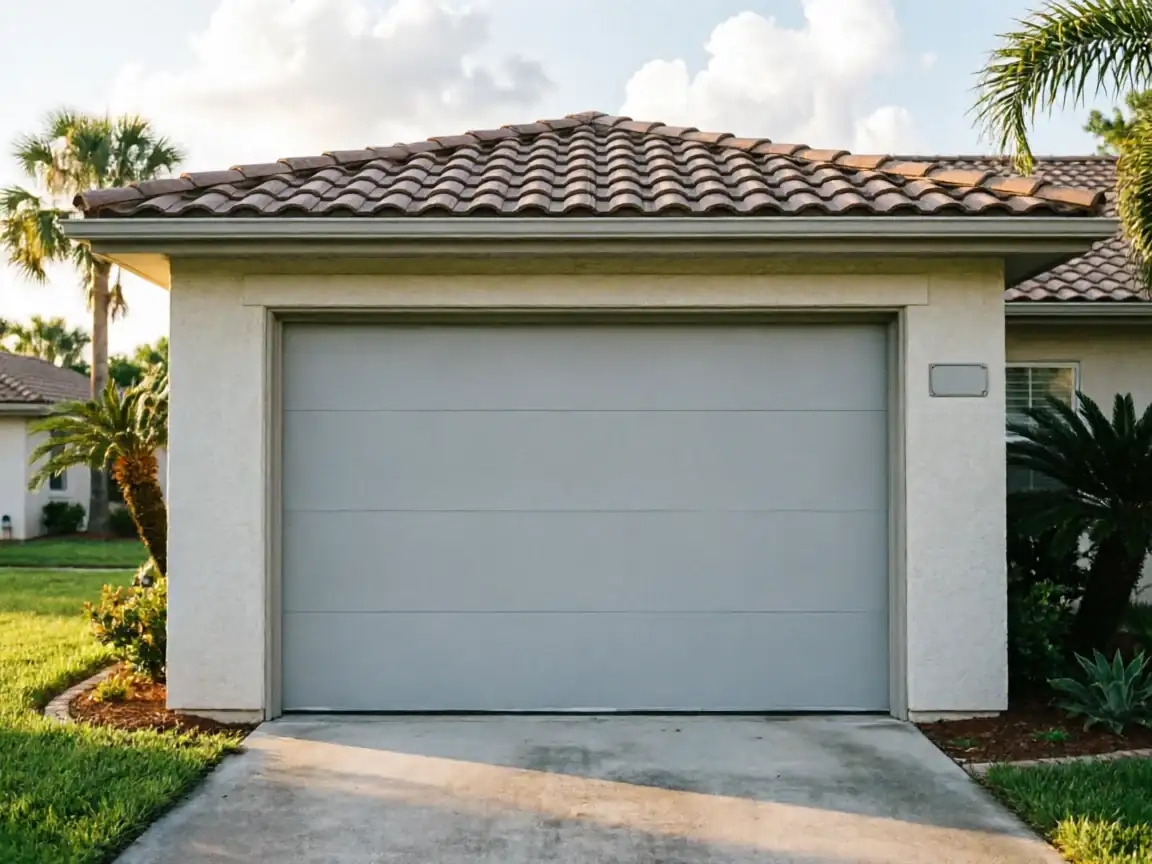 A light gray garage door is on a house with a tiled roof and palm trees.