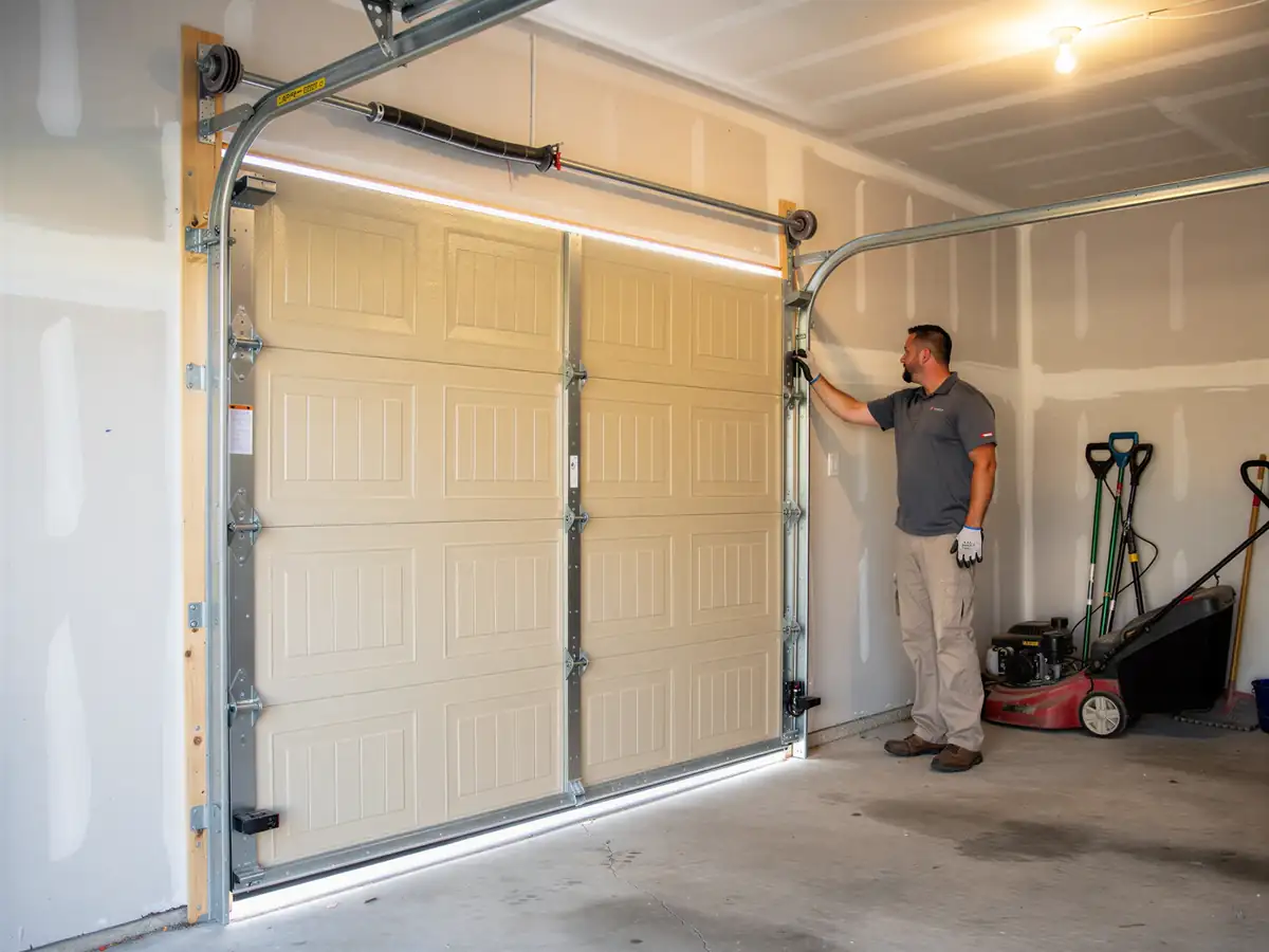 A technician in a gray shirt adjusts a beige garage door inside a garage.
