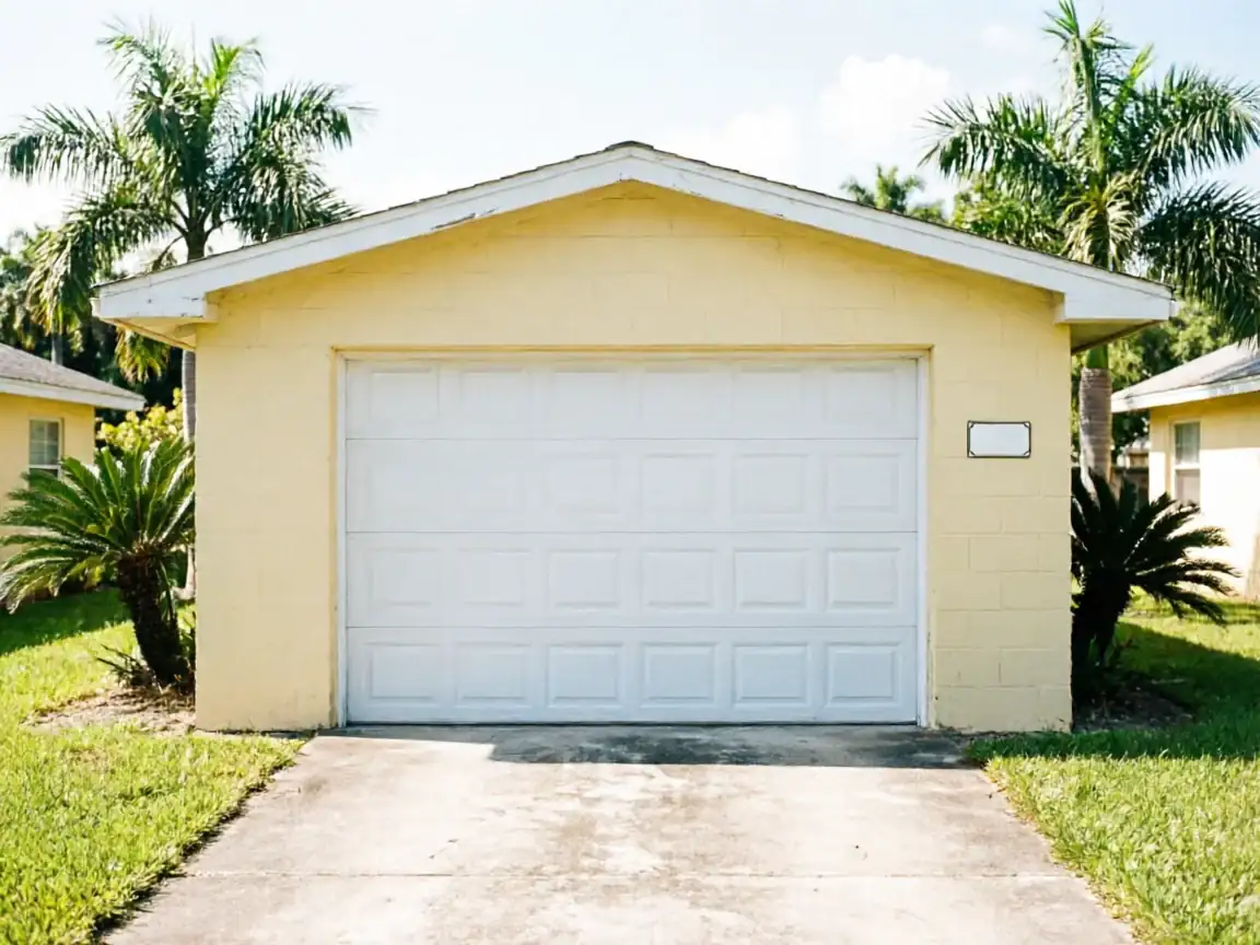 A yellow garage with a white paneled door and a concrete driveway.